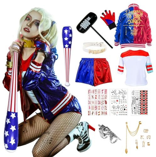 Quinn Kostüme,Mädchen Bösewicht Suicide Kostüm Mädchen Cosplay Costume für Halloween Weihnachten Karneval Joker Cosplay
