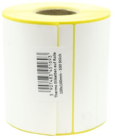 MDlabels Weiße Thermo etiketten auf Rolle 100x100mm 500 Stück - permanent haftend, für Barcode, weiße Klebeetiketten zur Beschriftung Thermische etiketten