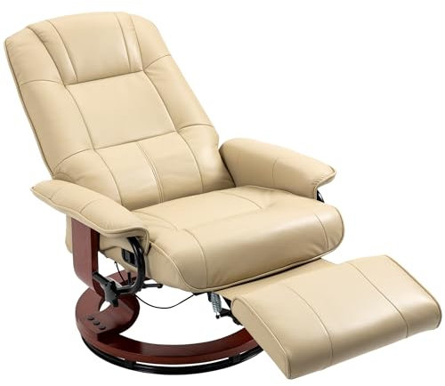 HOMCOM 360° Swivel Recliner Chair with Footstool, Manual Recliner Armchair with Wooden Base, Faux Leather Upholstered Reclining Chair for Living Room, Bedroom, Office, Cream White