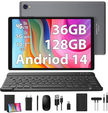 RUSHAR Tablet 10 Pollici Android 14 con 5G WiFi,36GB RAM + 128GB ROM (1TB TF),Octa-Core 2.0 GHz,8000mAh,Bluetooth 5.0,GPS,8MP + 13MP,Tablet con Tastiera + Mouse + Manica,Grigio