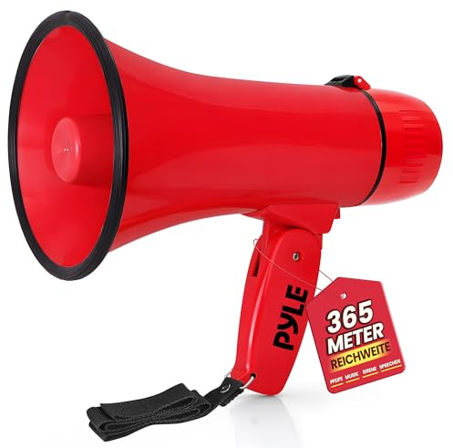 Pyle 20W Megaphone Bullhorn - Portable, Automatic Siren & Adjustable Volume,Projection Range Up to 400 Square Yards, Aux Input, Talk, Siren, Music, Whistle, & Record, Shoulder Strap (Red)