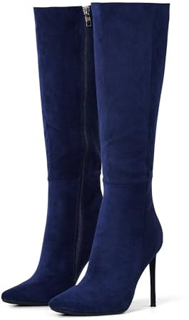 Zhabtuc Stivaletti Alti al Ginocchio da Donna 10 cm Tacco a Spillo Stivali a Punta Larghi al Polpaccio Comodi Stivaletti da Combattimento in Ecopelle, Camoscio blu navy, 40 EU