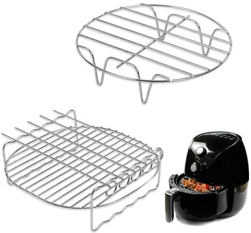 Riisoyu 2 Stück Heißluftfritteuse Zubehör, Air Friteuse Grill Heißluftfritteuse Grillrost mit 4 Spießen Edelstahl Airfryer Grillpfanne 17,7cm Grillrost aus Edelstahl 304 Fit 3,5-5,8QT
