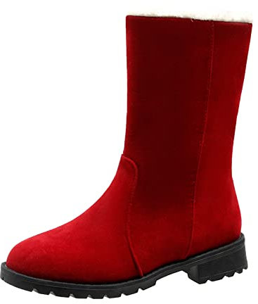 Stivali da neve da donna invernali caldi stivali scarpe da donna moda tinta unita tacco grosso stivali da neve punta rotonda stivali caldi in cotone medio stivali da neve per donna tacco basso, Rosso,