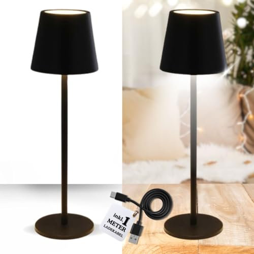 Bada Bing 2er Set LED Touch Tischleuchte schwarz mit Schirm in 37 cm - Deko Lampe tragbar aus Metall - Warmweiß drei Helligkeitsstufen - Tischlampe Kabellos wiederaufladbar - Tisch Akku Haus & Garten