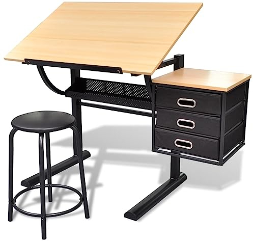 Myheimly Zeichentisch mit neigbarer Tischplatte 3 Schubladen und Hocker Architektentisch Schreibtisch Arbeitstisch Büro