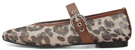 MICIFA Leopard Mesh Ballet Flats for Women Round Toe Mary Jane Buckle Flats Fall Comfortable Casual Dress Shoes