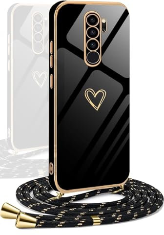 YAMCCCSE Frauen Mädchen Handykette für Xiaomi Redmi Note 8 Pro - Silikon Hülle mit Band - Handyhülle Herz Love Design Galvanik - Hülle mit Kordel in schwarzes