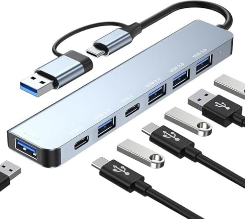 HUB USB 3.0, 7 en 2, Ultradelgado Multipuerto Adaptador con 1 Puerto USB 3.0, 4 Puertos USB 2.0, 2 Puerto USB Tipo C, USB Verteiler para MacBook Air/Pro, Samsung, Windows, Laptop, Desktop, etc