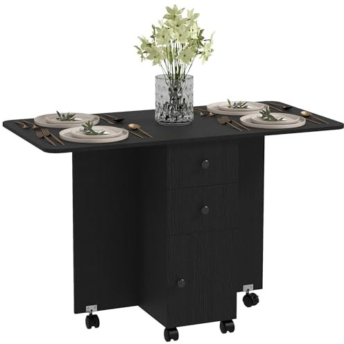 HOMCOM Folding Dining Table for 4-6, Rolling Drop Leaf Table on Wheels with Storage Drawers, Cabinet and Open Shelf for Kitchen, Dining Room, Distressed Black