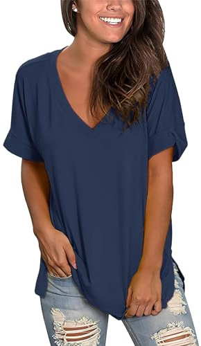 Voqeen Oversized T-Shirts for Women Tops Short Sleeve V Neck Basic Summer Tee Tops Ladies Solid Casual Loose Shirts Blue