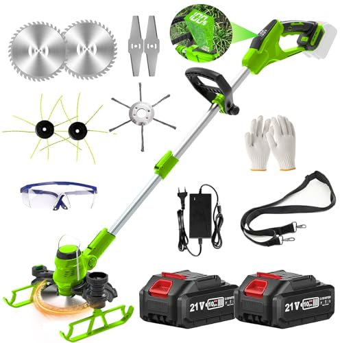 Cordless Grass Strimmer, Edger with2 x 4.0Ah Battery, With Auxiliary Wheels 4 Types Blades, 90° Head pivots, For Garden brush cutter Grass Trimmers