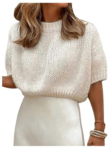 GORGLITTER Women's Crewneck Drop Shoulder Cropped Jumper Sweater Short Sleeve Elegant Knit Tops Apricot Medium