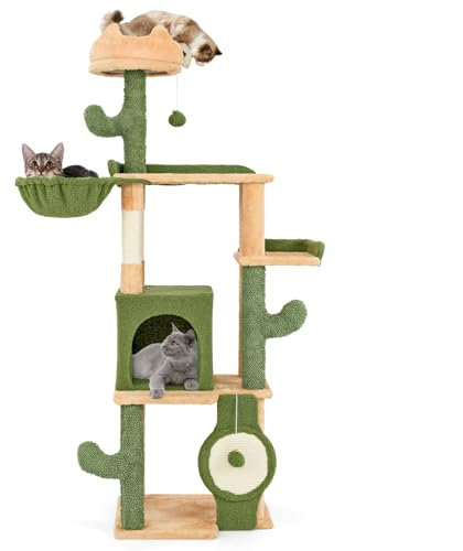 GOPLUS Arbre à Chat Cactus Haut 160cm, 5 Niveaux avec Perchoir, Hamac, Nid, Plateformes et Griffoirs en Sisal, Arbre a Chat avec 2 Boules Suspendues, Vert et Orange