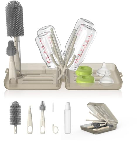 YOTIME Set Spazzole Biberon Viaggio con Scola Biberon Pieghevole, Apertura Automatica & Fessure di Asciugatura Verticale, 3 Spazzole + Dispenser, Essentials per Genitori in Viaggio, Caffè Chiaro