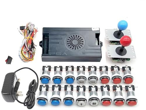 Kit de arcade 9800 en 1 Pandora Saga Caja con botones LED de arcade Mame 5 pines 8 vías Joystick Arcade Pandora DX Kit de 4 jugadores para bricolaje en el hogar Videojuego (rojo y azul)
