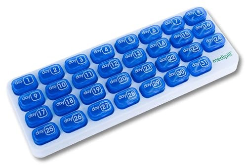 MEDIPILL - Pillendose für Monat und Tag und Woche | Pillendose für 31 Tage – 31 Fächer | kompakt und langlebig | BPA-frei | Blau/Weiß | Einteilig | MED-M31-B