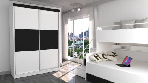 Moderno armario sólido con 2 puertas correderas y estantes de riel para dormitorio, habitación de los niños, sala de estar, MAX M (150 cm, negro)