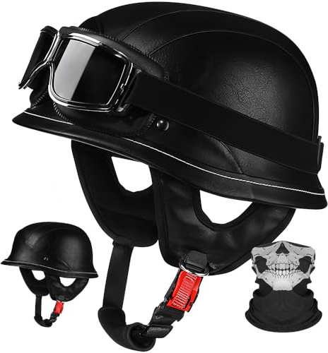 Vintage Jethelm Motorrad ECE-Zugelassen, Retro Motorradhelm Lederoptik mit Schutzbrille, Cafe Racer Chopper Roller Helm für Damen Herren, Herausnehmbares Innenfutter M–XL