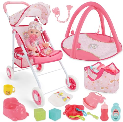 deAO Set Poussette pour Poupée de 30 cm avec 12 Poupées, Coffret de Jeu, 7 Accessoires avec Tapis de Jeu, Sac de Rangement, Ensemble des Jouets Poussette pour Filles de 3 4 5 6 Ans+,Cadeau, Rose