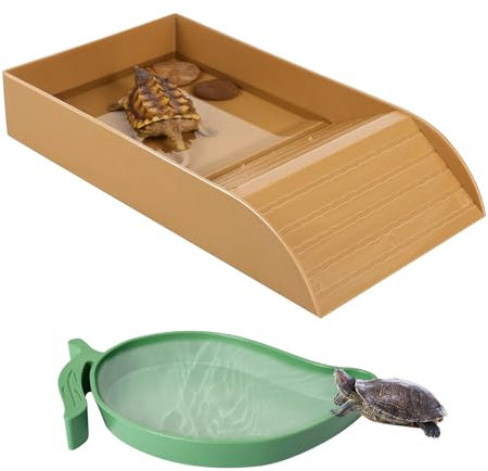 2 Pièces Gamelle à Eau pour Tortue, Baignoire pour Reptiles, Baignoire pour Reptiles avec Rampe, Bassin De Bain pour Tortue avec Bol, pour Animaux De Compagnie Rampants, Lézards (Brun)