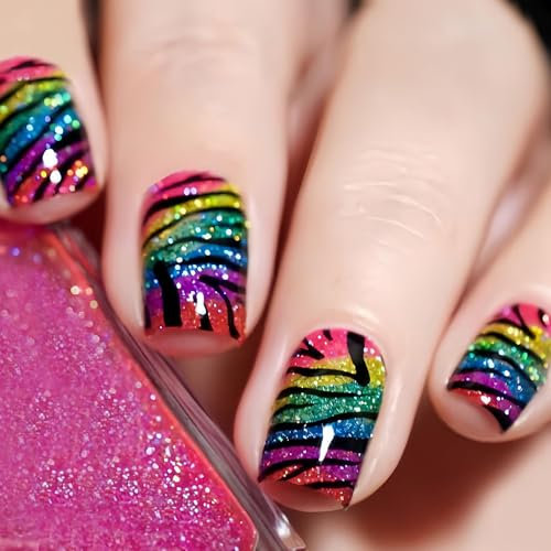 24pcs Glitter Press on Nails - Iridescent Stick on Nails - Rainbow Colour False nails with Glue - Medium Square Fake nail Tips for Women Long Lasting DIY French Manicure