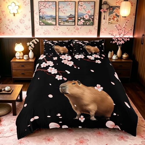Homemissing Kinder Capybara Bettwäsche 135x200cm Japanische Kirschblüten für Mädchen Jungen Teens,Bettbezug Kawaii Cartoon Stil,sanfte Blumen Optik,Atmungsaktives Schlafzimmer-Set mit 1 Kissenbezug