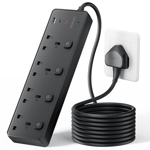 Extension Lead with 3 USB Slots(30W),4 Way Sockets Outlets Ports Extension Cable with 4 Individual Switches Surge Protected,Wall Mountable Extension Socket for Home,Office,School,5M,Black