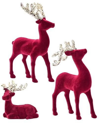 Weihnachtsrentier 3-teiliger Hirsch Weihnachtsschmuck | Figur Rot Flockierung Deko Statue für Kamin Dach Garten Haus Party Indoor