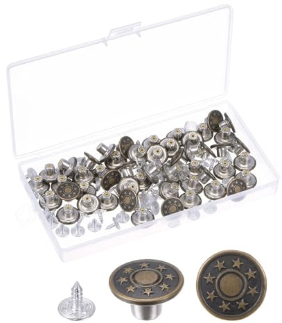 TA-VIGOR 50 Sets 15mm Jeans Button Pins No-Sew Metal Replacement Kit, Adjustable Waist Extender Rivet Buttons for Denim Jeans, Removable Pants Tightener with Storage Box, Bronze