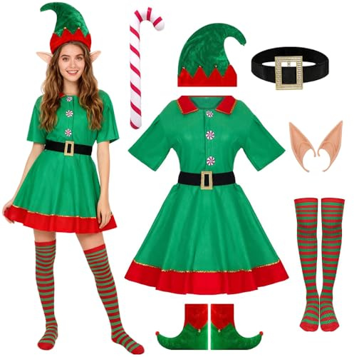 HIULLEN Weihnachtself Kostüm Damen, Elfen Kostüm Damen, Weihnachtskostüm Erwachsene mit Wichtel Kleid Elfenohren Kleid Hat Socken Gürtel Zubehör, Weihnachts Cosplay Fasching Kostümparty, 160CM