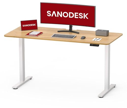 SANODESK Höhenverstellbarer Schreibtisch 100×60 cm mit Durchgehender Tischplatte – kompakter Standing Desk & Sitz-Steh-Tisch für kleine Räume, ergonomisch & stilvoll, Ahorn