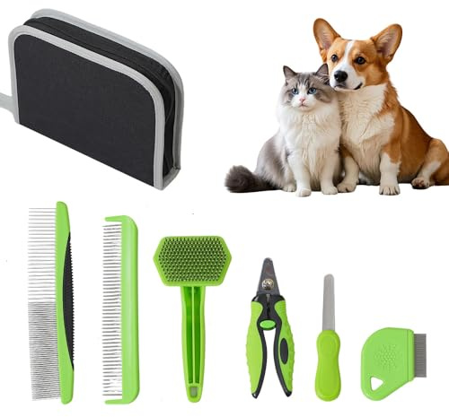 Kit Toilettage 6 en 1 Chat Chien - Brosses Démêlantes Poils Longs et Courts - Coupe-Griffes & Lime Acier Inoxydable - Sac de Rangement Inclus