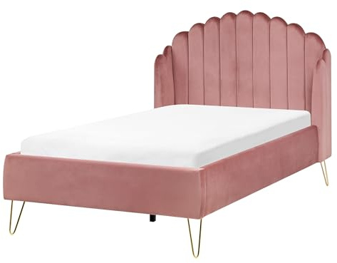 Beliani Velvet Bed Frame Shell Headboard EU Small Double Size 4ft Metal Legs Pink Ambillou