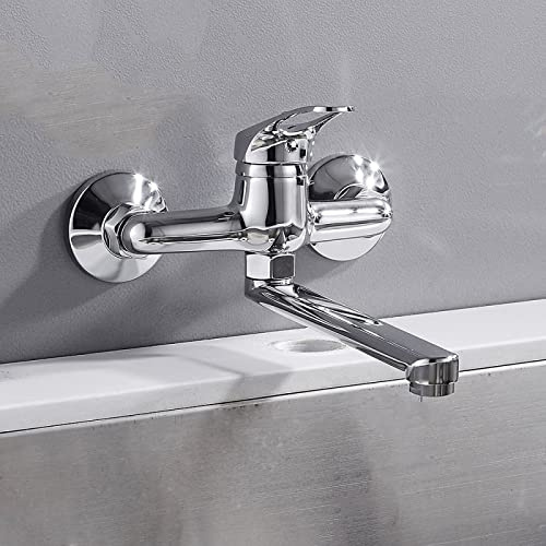 Wandmontierte Küchenarmaturen for Spüle, Chrom, Küchenarmaturen mit drehbarem Auslauf, Einhebelmischer for Küchenspüle, Unterputz-Küchenspüle mit Doppelloch, heiß und kalt