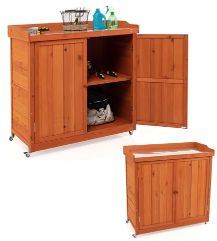 GOPLUS Gartenschrank aus Tannenholz, Gartentisch mit Arbeitsplatte, abnehmbarem Regal & Rollen, Gärtnertisch Outdoor wetterfest, Geräteschrank für Terrasse Garten Balkon, 98,5 × 48 × 100 cm