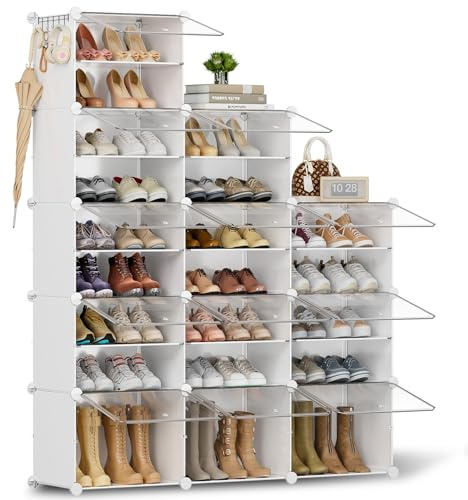 Schuhregal, Schuhschrank mit 21 Fächern, schuhregal hoch und schmal, schuhregal weiß, schuhschrank hoch geschlossen für Garderobe Flur Schlafzimmer Eingang, DIY anpassbar