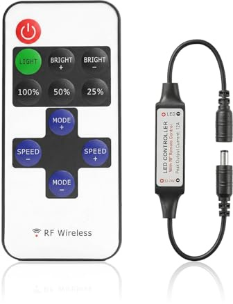 LED Controller 12V 24V RF Fernbedienung 2PIN, Dimmbarer Controller für Einfarbige LED Streifen, 8 Lichtmodi mit Speicherfunktion, Kabelloser PWM Dimmer