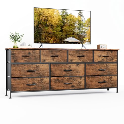 VERMESS Bedroom Dresser & Chests of Drawers with 10 Fabric Drawers, TV Stand Cabinet Unit for 65, 70 TV, Dresser Storage Organizer, Entertainment Center, TV Console Table for Living Room, Brown