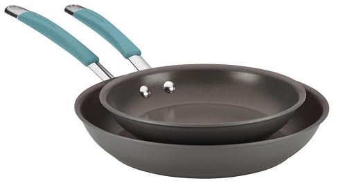 Rachael Ray 87643 Cucina Hard Anodized Nonstick Frying Pan Set/Fry Pan Set/Hard Anodized Skillet Set - 9.25 Inch and 11.5 Inch, Gray with Blue Handles