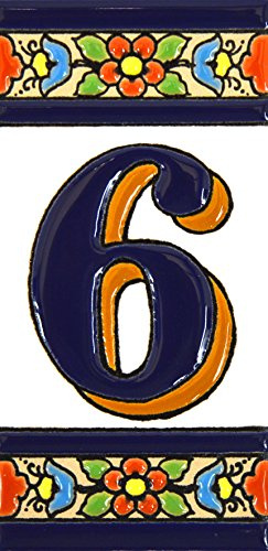 House numbers 4 inch. Handpainted house number tiles for signs, addresses and names. Address numbers for houses. House address numbers and letters. Design FLORES MEDIANO 4,29 x 2,13 (NUMBER 6)