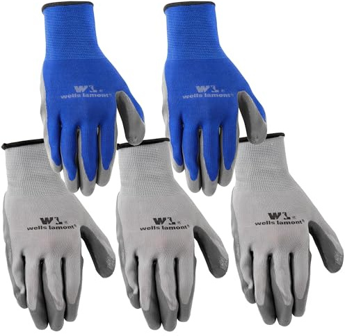 Wells Lamont Nitrile-Coated Work Gloves for Men – Abrasion & Cut Resistance – Lightweight & Breathable – Perfect for Construction, Automotive, Gardening - Blue/Grey, Large, 5 Pack
