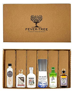 Gin Probierset Geschenkset - 6x verschiedene Gin Minis (Elephant, Gin Mare, Monkey, The Bonner, GVine, Friedrichs) + Fever-Tree Geschenkbox