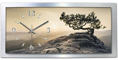 Kreative Feder 3D Designer-Wanduhr Einsamer Baum in modernem Metallic-Design; leise Funkuhr mit Motiv wahlweise in Zwei Größen (Einsamer Baum, 80x40cm; leises Funkuhrwerk)