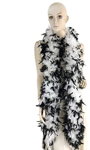 Flydreamfeathers Chandelle-Federboa, 100 g, 2 m lang, in 10 Farben, ideal für Party, Hochzeit, Kostüm, Weiß/Schwarz, 72 inch long, 8-9 inch wide