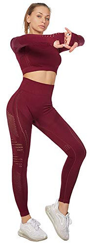 Jamron Damen Stretch Yoga Kleidung Set Crop Top+Leggings 2PCS Trainingsanzug Gym Fitness Activewear SN05405 Burgund S