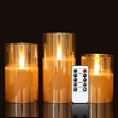 Eldnacele LED Kerzen mit Timerfunktion flackernde Flamme, elektrische Echtwachskerzen im Glas, 3-teilige flammenlose Kerzen-Set, led Stumpenkerzen mit Fernbedienung, Art u. Zimmer Deko, Grau