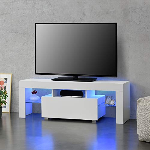 Mesa de Tele con LED 130 x 35 x 45 cm Cómoda Mueble de salón para TV con Estantes de Vidrio y con Cajón Almacenamiento Blanco