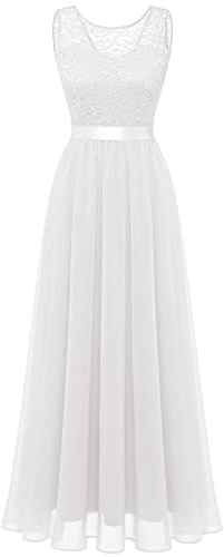 Berylove Robe Cocktail Mariage Longue en Mousseline Elégante avec Dentelle de Bal pour Femme BLP7025 White L