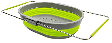 SAMMART 5L Expandable & Collapsible TPE/PP Over The Sink Oval Colander (Grey/Fluorescent Green)
